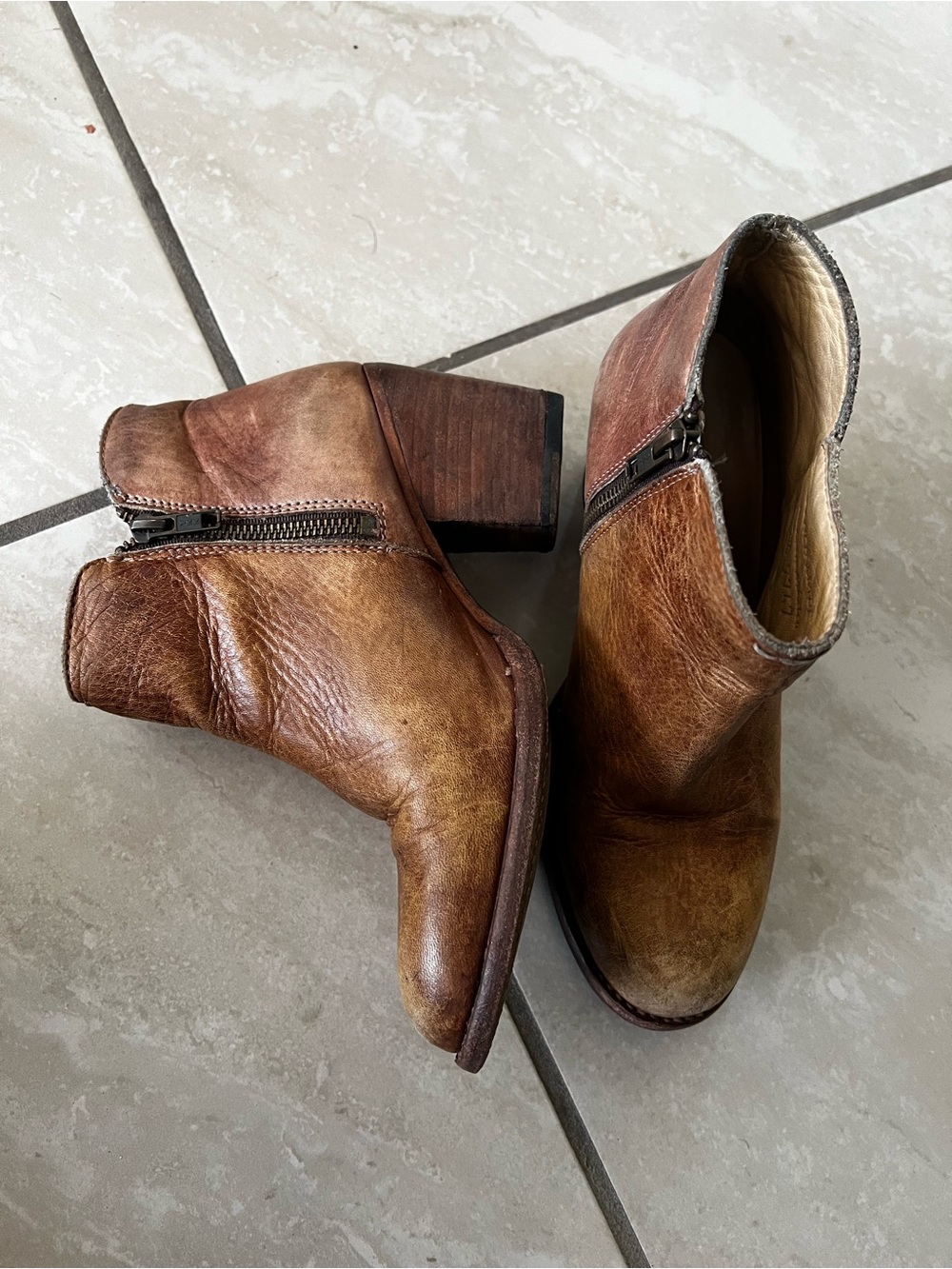 Bed Stu Distressed Two-Tone Brown Leather Ankle Booties - Picture 3 of 7